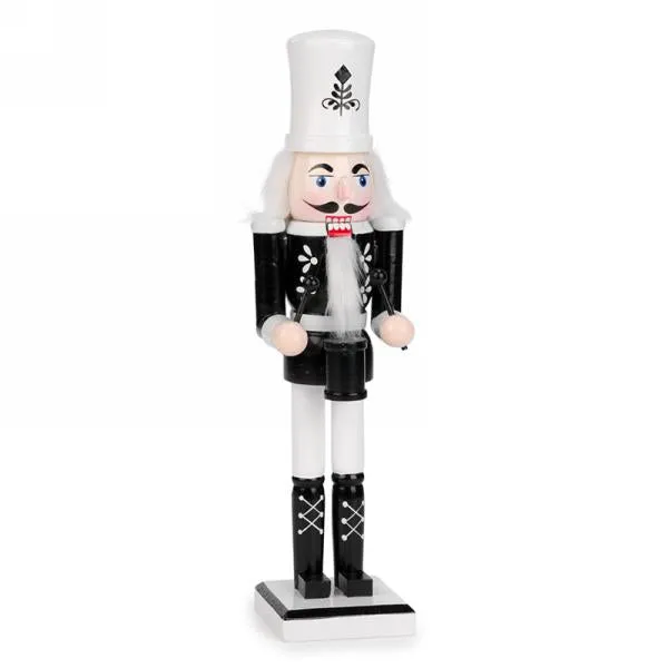 Black with White Drummer Wooden Nutcracker