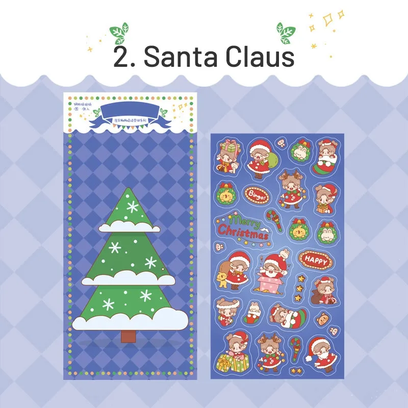 Christmas Girl Coated Paper Sticker - People, Tree, Snowman, Ribbon, Reindeer, Santa Claus, Candy