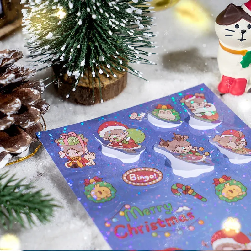 Christmas Girl Coated Paper Sticker - People, Tree, Snowman, Ribbon, Reindeer, Santa Claus, Candy