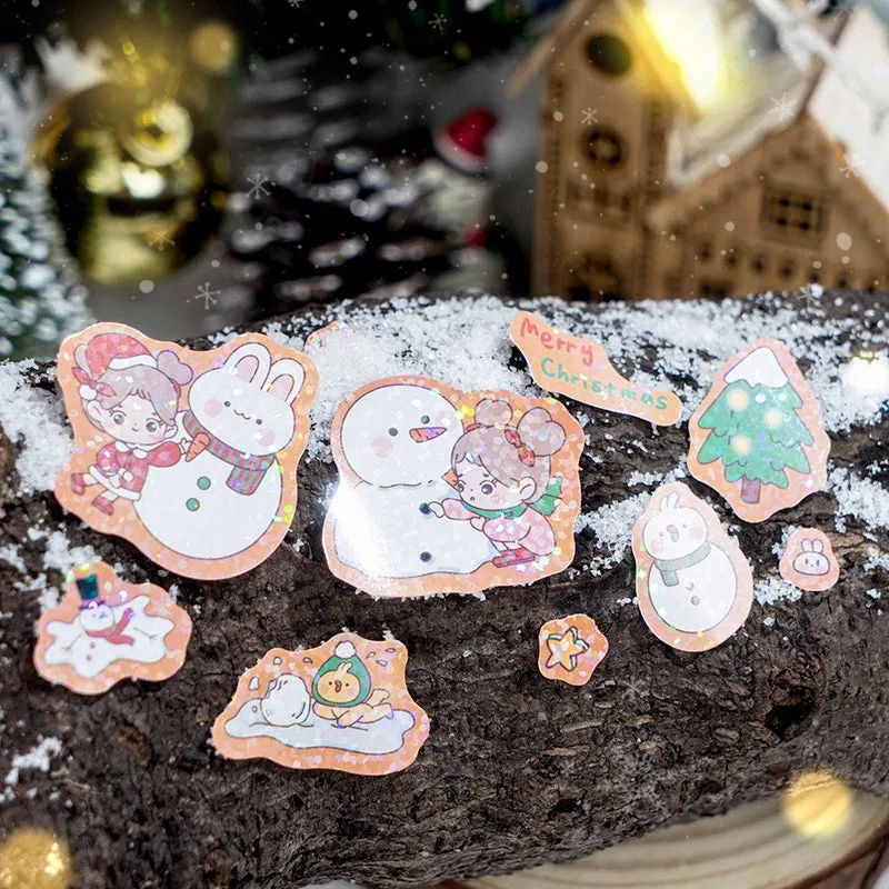Christmas Girl Coated Paper Sticker - People, Tree, Snowman, Ribbon, Reindeer, Santa Claus, Candy