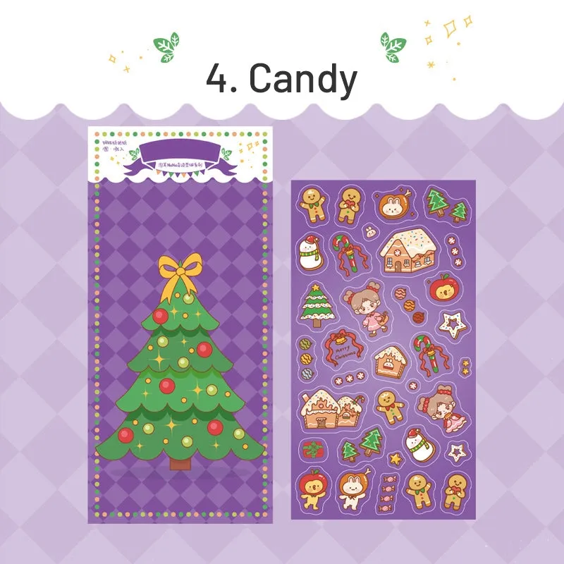 Christmas Girl Coated Paper Sticker - People, Tree, Snowman, Ribbon, Reindeer, Santa Claus, Candy