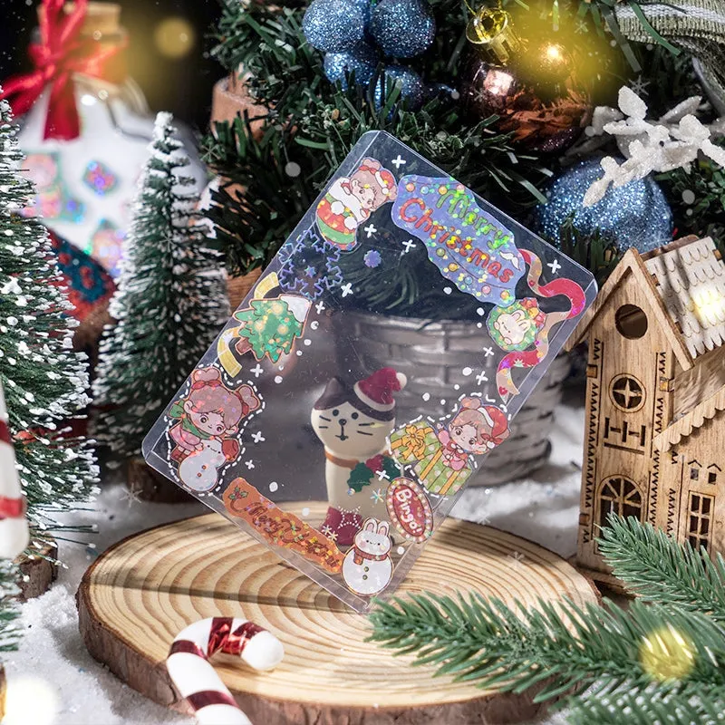 Christmas Girl Coated Paper Sticker - People, Tree, Snowman, Ribbon, Reindeer, Santa Claus, Candy
