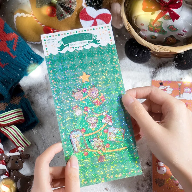 Christmas Girl Coated Paper Sticker - People, Tree, Snowman, Ribbon, Reindeer, Santa Claus, Candy