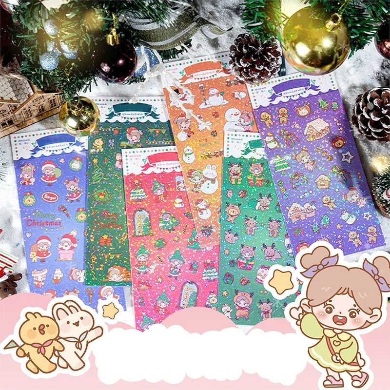 Christmas Girl Coated Paper Sticker - People, Tree, Snowman, Ribbon, Reindeer, Santa Claus, Candy