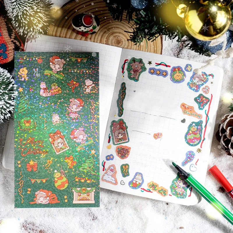 Christmas Girl Coated Paper Sticker - People, Tree, Snowman, Ribbon, Reindeer, Santa Claus, Candy
