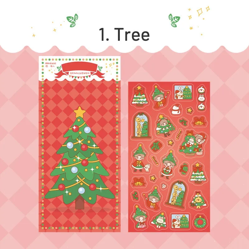 Christmas Girl Coated Paper Sticker - People, Tree, Snowman, Ribbon, Reindeer, Santa Claus, Candy