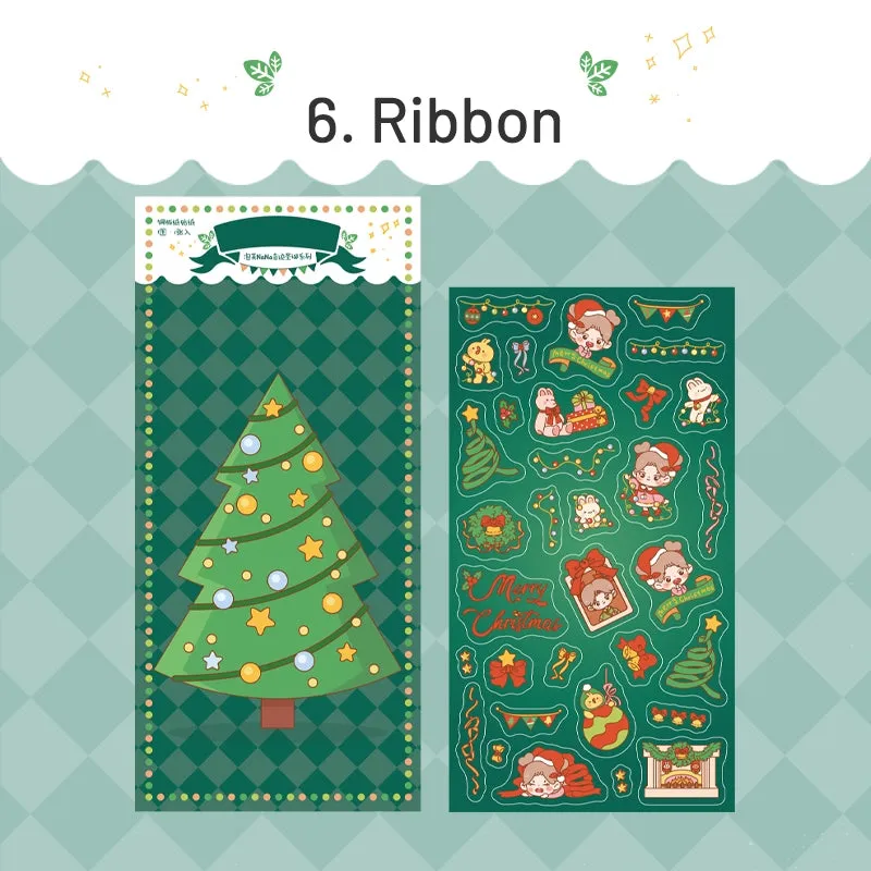Christmas Girl Coated Paper Sticker - People, Tree, Snowman, Ribbon, Reindeer, Santa Claus, Candy