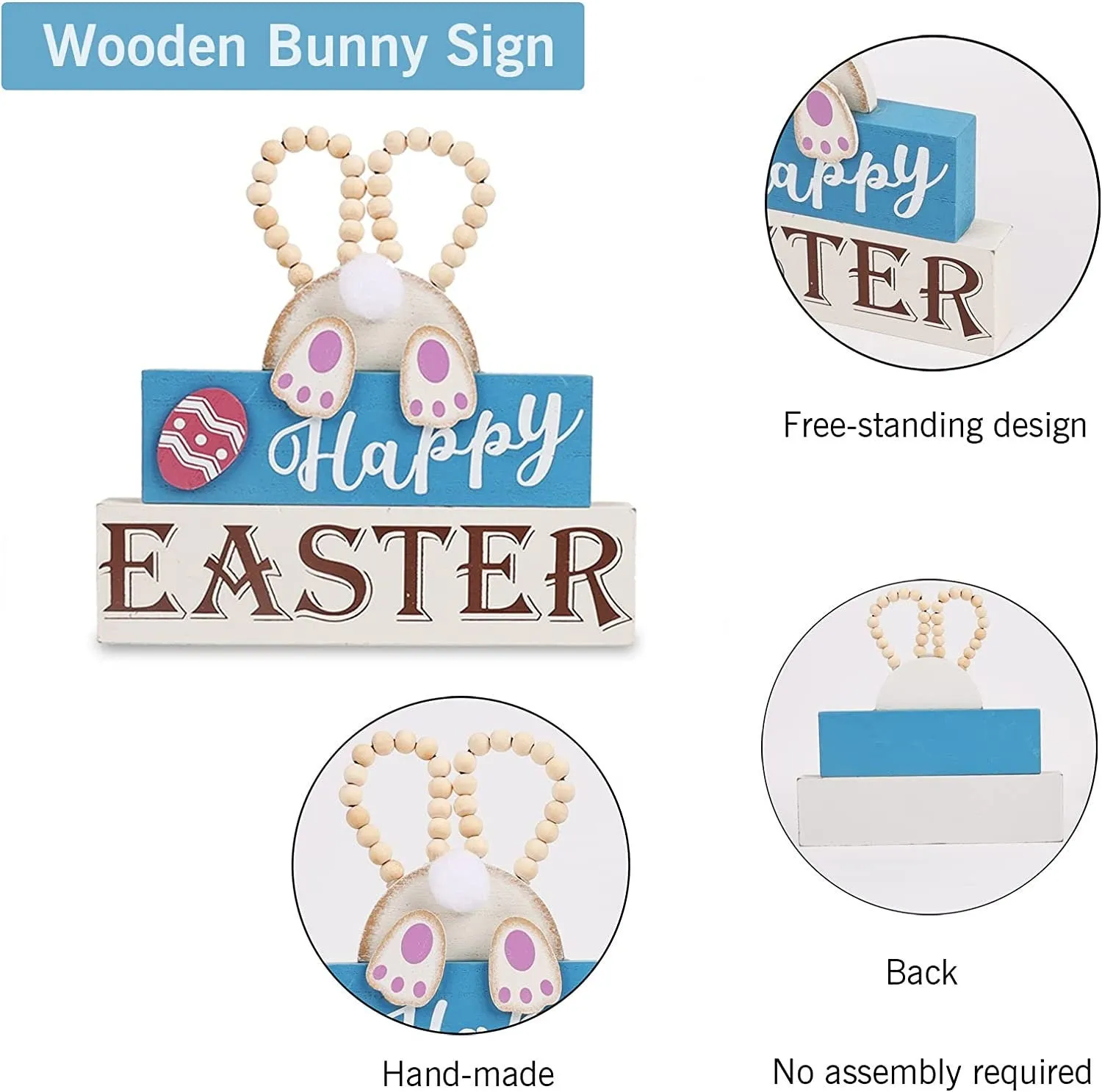 OYATON Easter Decorations for the Home | Rustic Spring Happy Easter Bunny Wood Sign Block