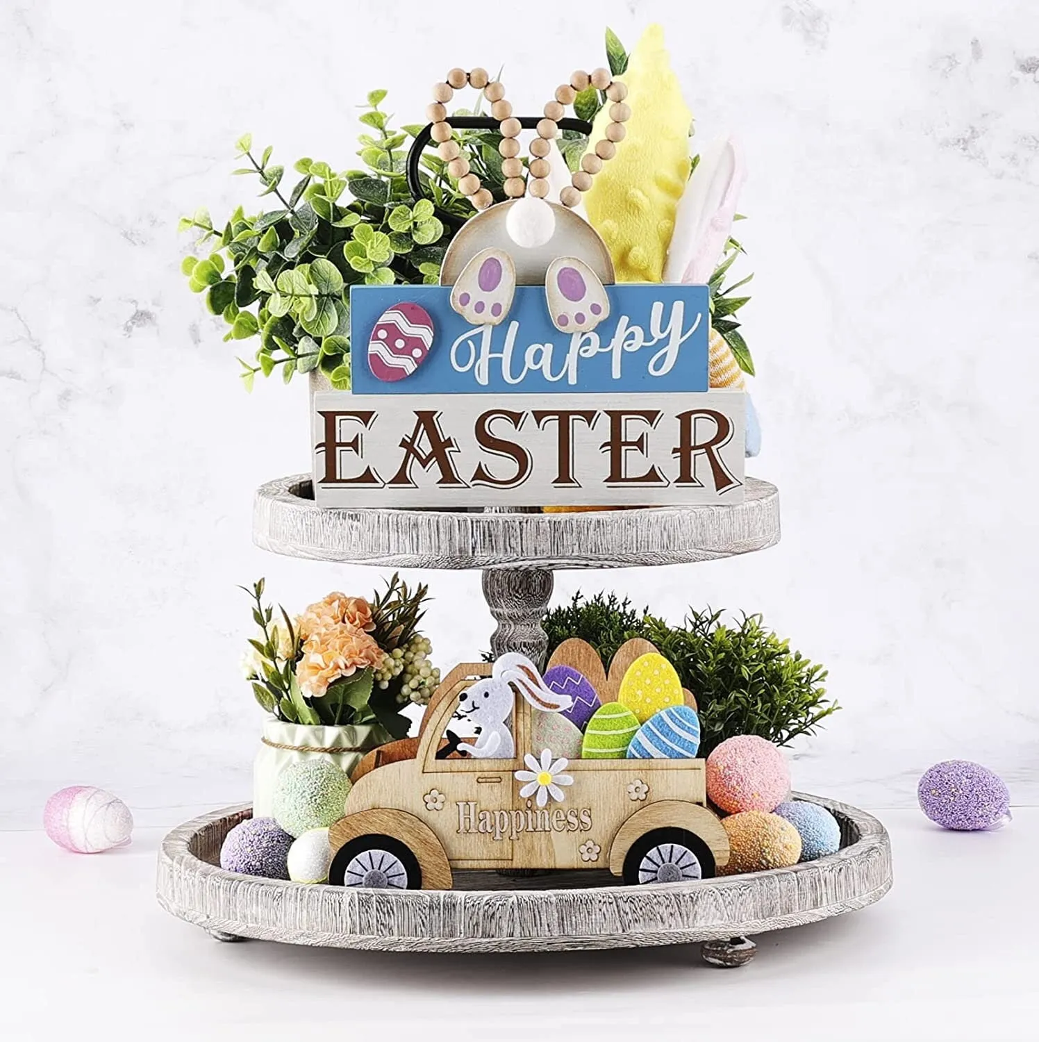 OYATON Easter Decorations for the Home | Rustic Spring Happy Easter Bunny Wood Sign Block
