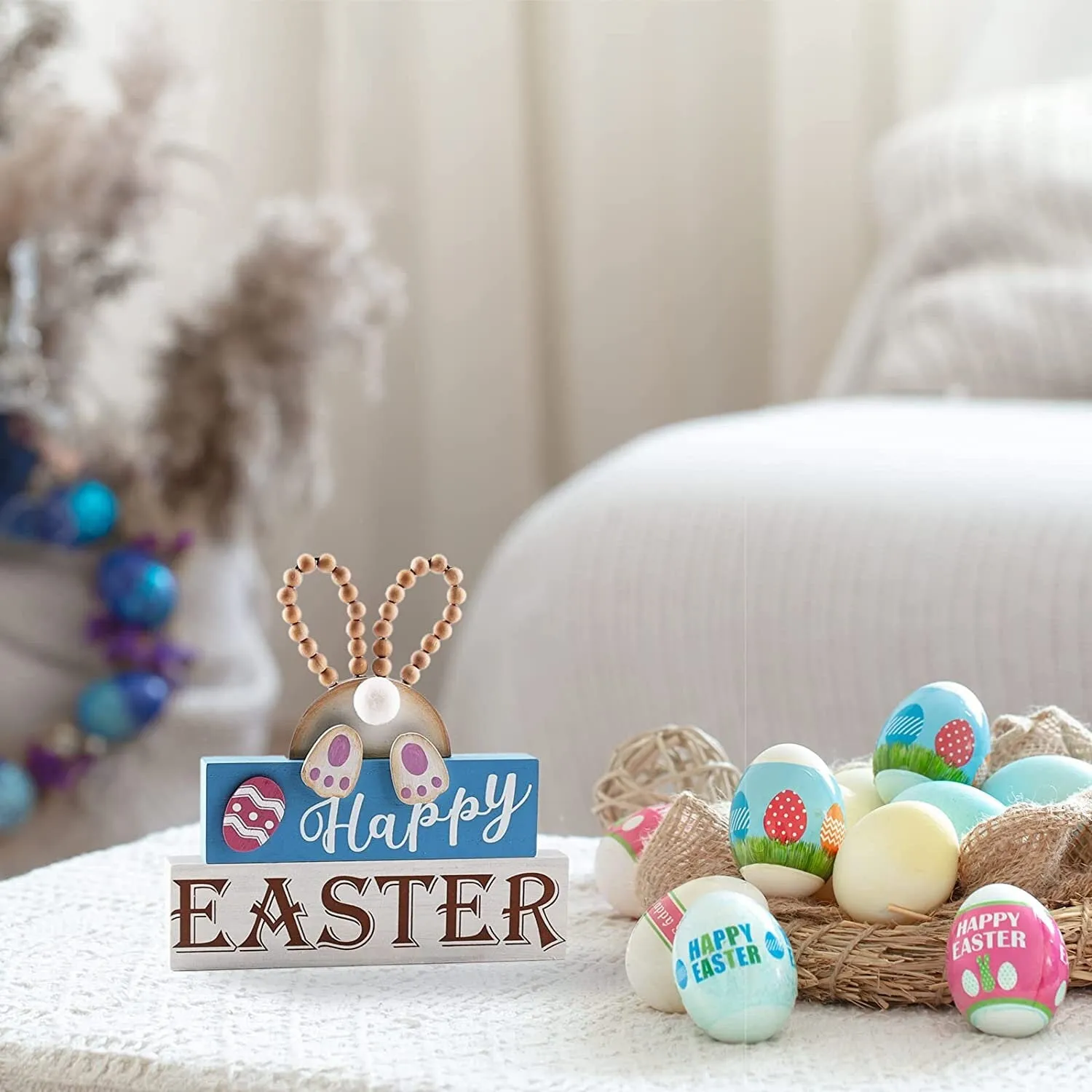 OYATON Easter Decorations for the Home | Rustic Spring Happy Easter Bunny Wood Sign Block