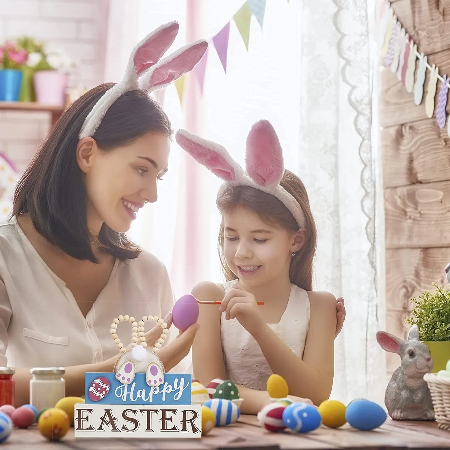 OYATON Easter Decorations for the Home | Rustic Spring Happy Easter Bunny Wood Sign Block