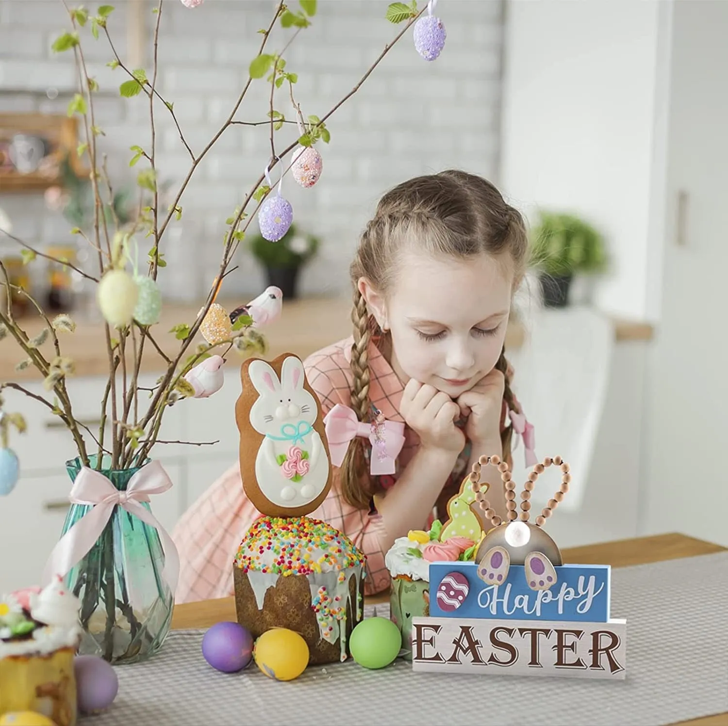 OYATON Easter Decorations for the Home | Rustic Spring Happy Easter Bunny Wood Sign Block