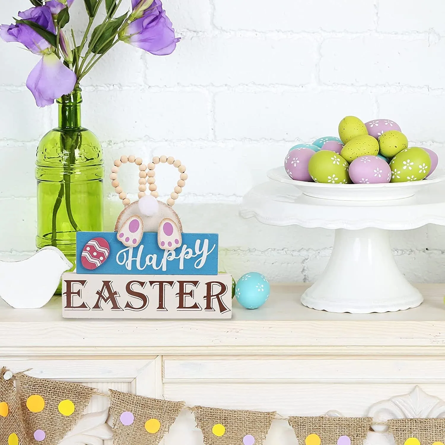 OYATON Easter Decorations for the Home | Rustic Spring Happy Easter Bunny Wood Sign Block